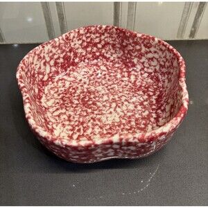 Vintage Red White Spongeware Spatterware Wavy Round Pottery Bowl USA Rustic 6”